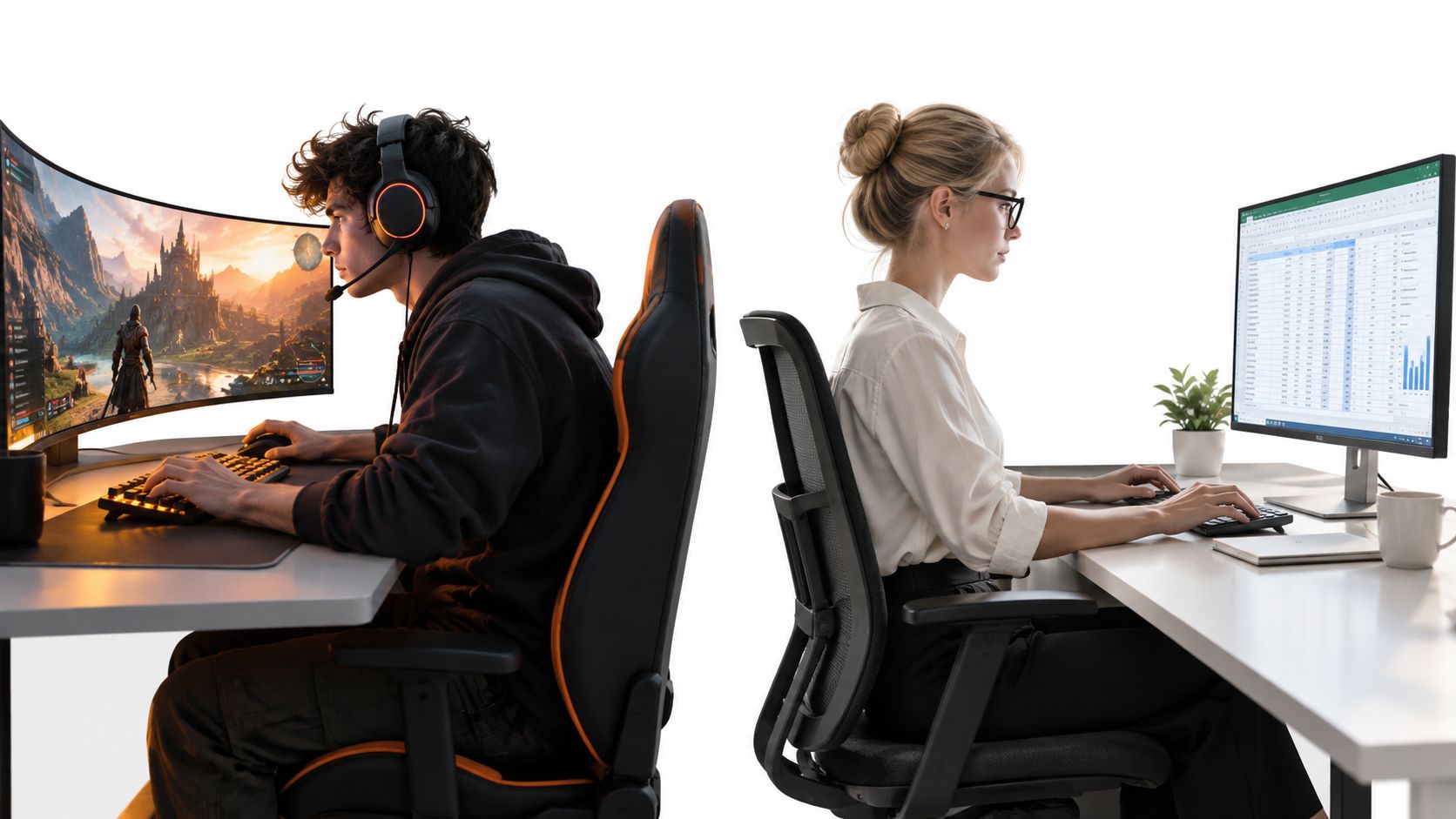 A split view comparing a gamer using a curved monitor and an office worker using a flat monitor.