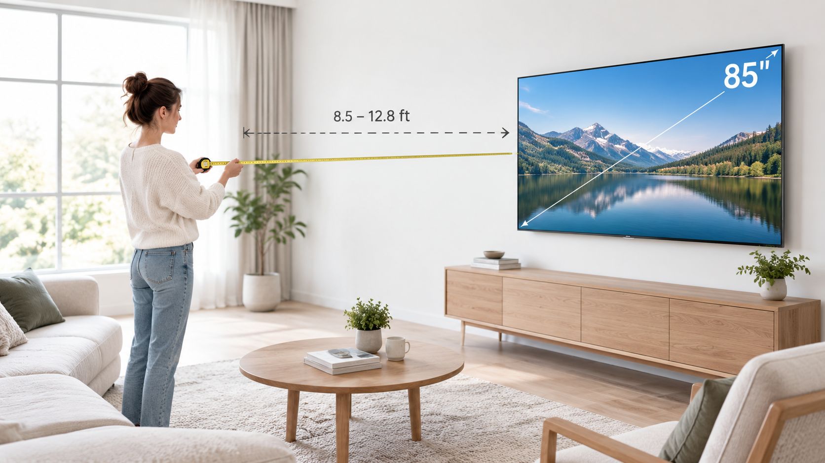 A woman using a measuring tape in her living room to check the optimal distance for an 85-inch television.