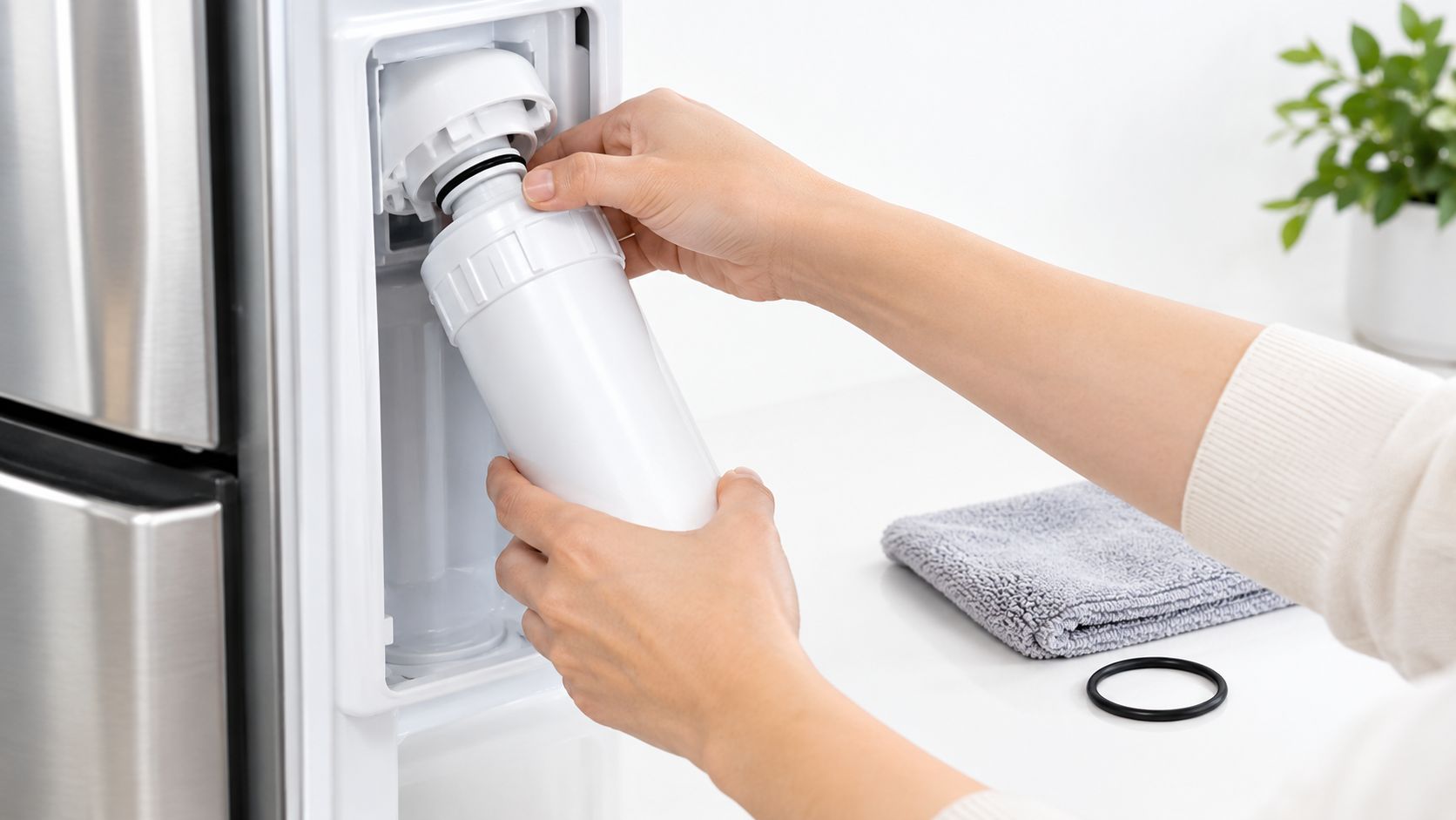 A person installing a new water filter into a stainless steel refrigerator's internal water dispenser compartment.