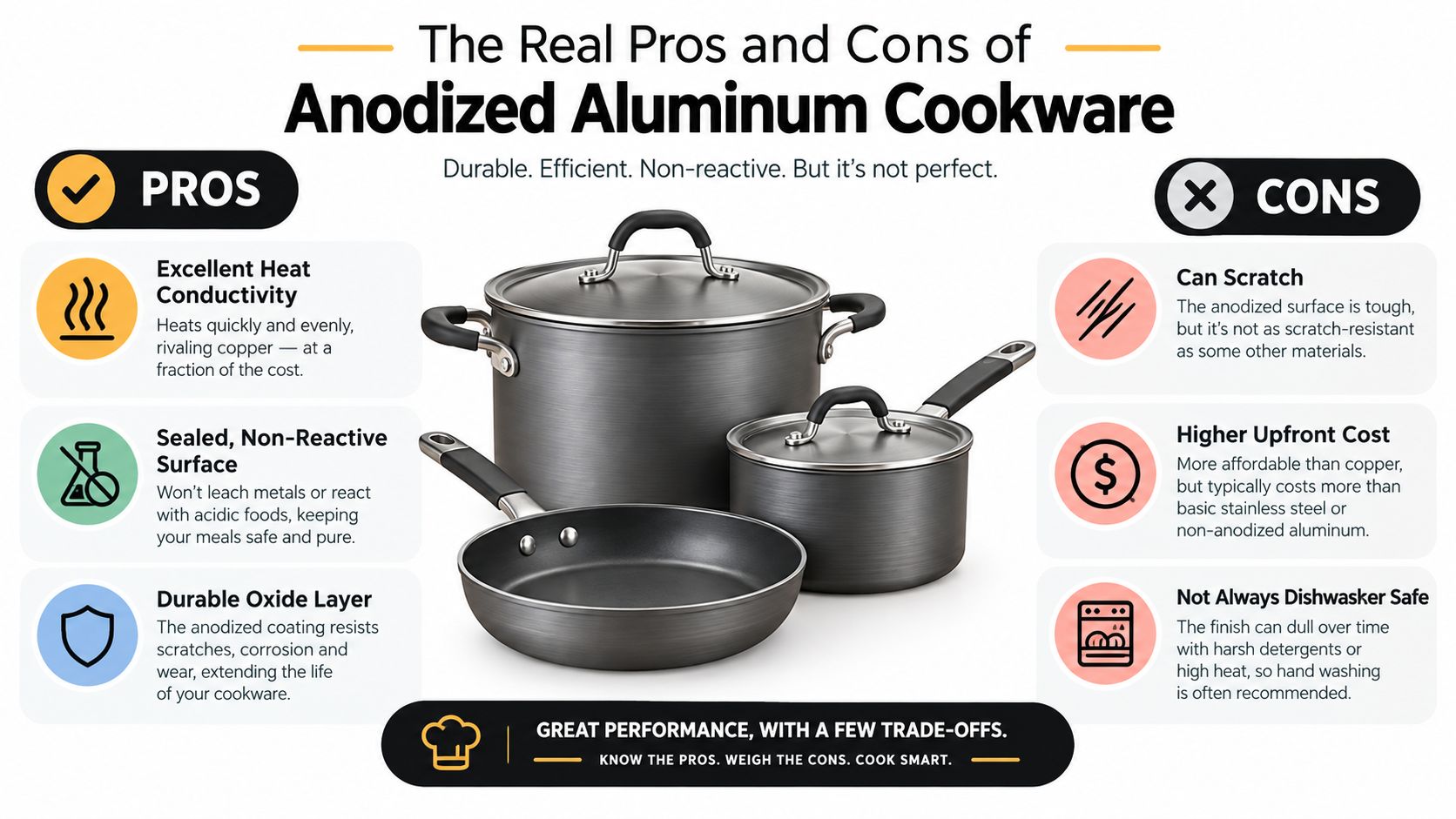An infographic showing the pros and cons of anodized aluminum cookware, featuring an image of various cooking pots.