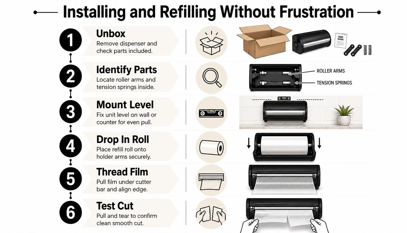 A step-by-step instructional infographic showing how to install and refill a plastic wrap dispenser.