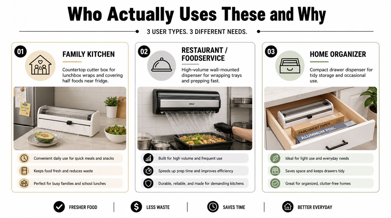 A comparison chart showing three types of plastic wrap dispensers designed for families, restaurants, and home organizers.