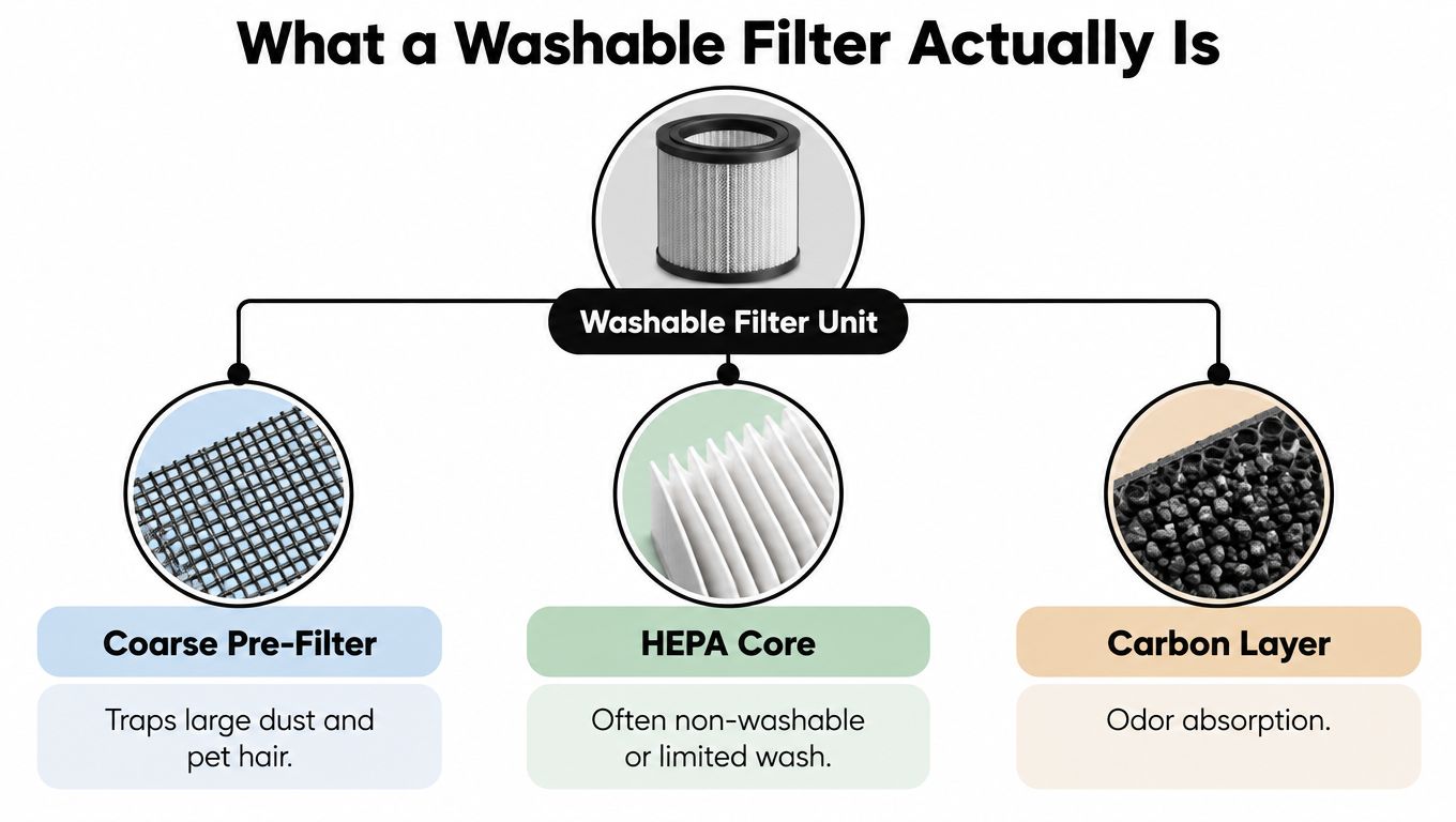 A diagram breaking down the components of a washable air purifier filter: pre-filter, HEPA core, and carbon.