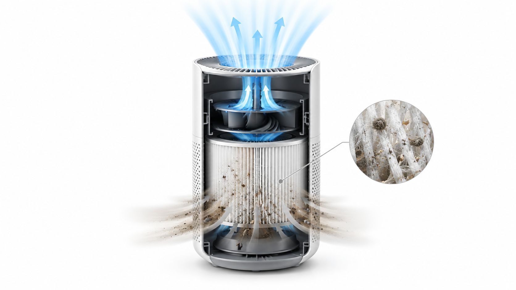 A cutaway view of an air purifier showing dirty filter media trapping dust particles and pollutants indoors.
