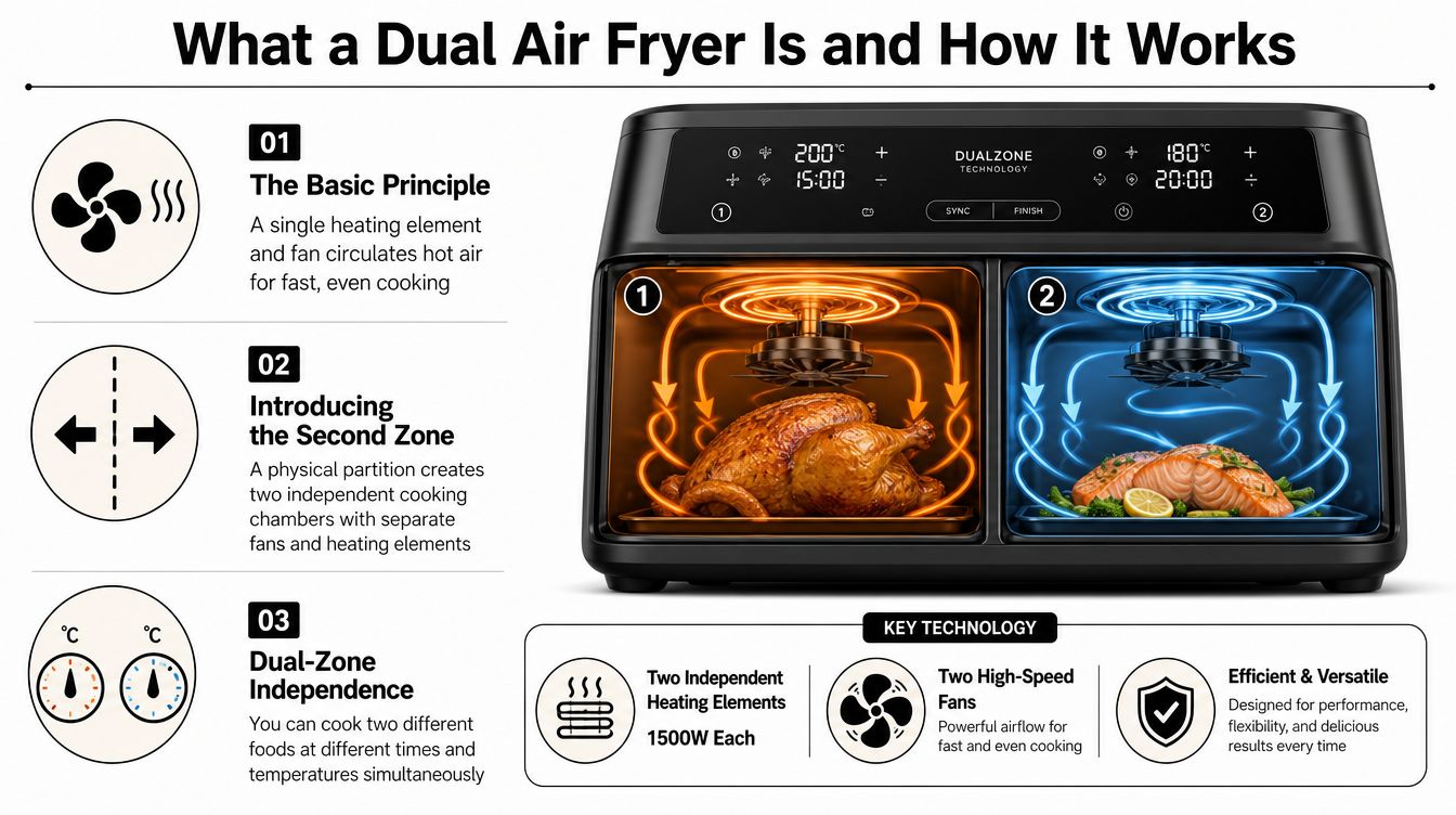 A diagram explaining how a dual air fryer works with two independent cooking chambers and heating controls.