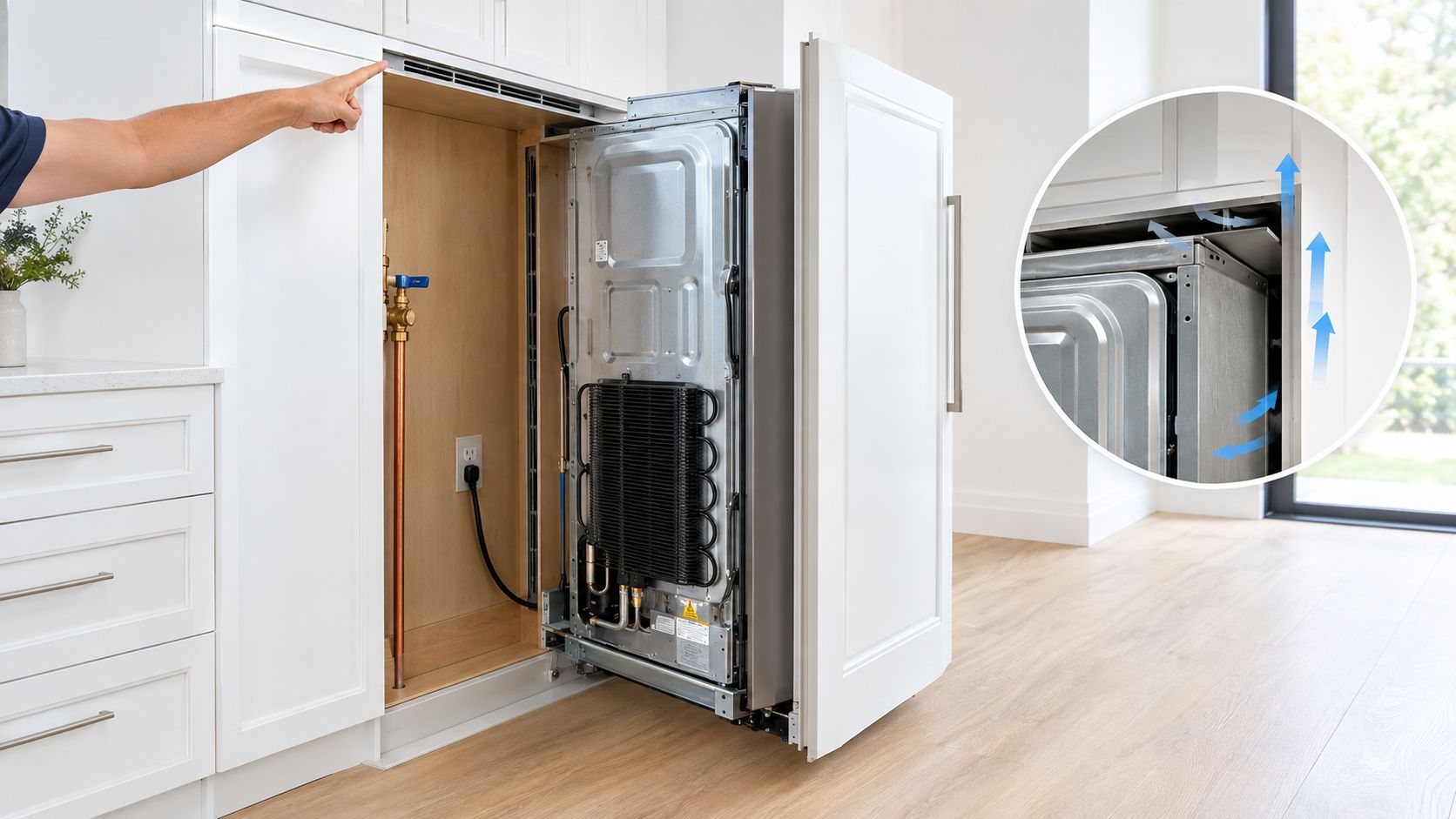 A person pointing to the ventilation area of a panel-ready refrigerator installed in a modern kitchen cabinet.