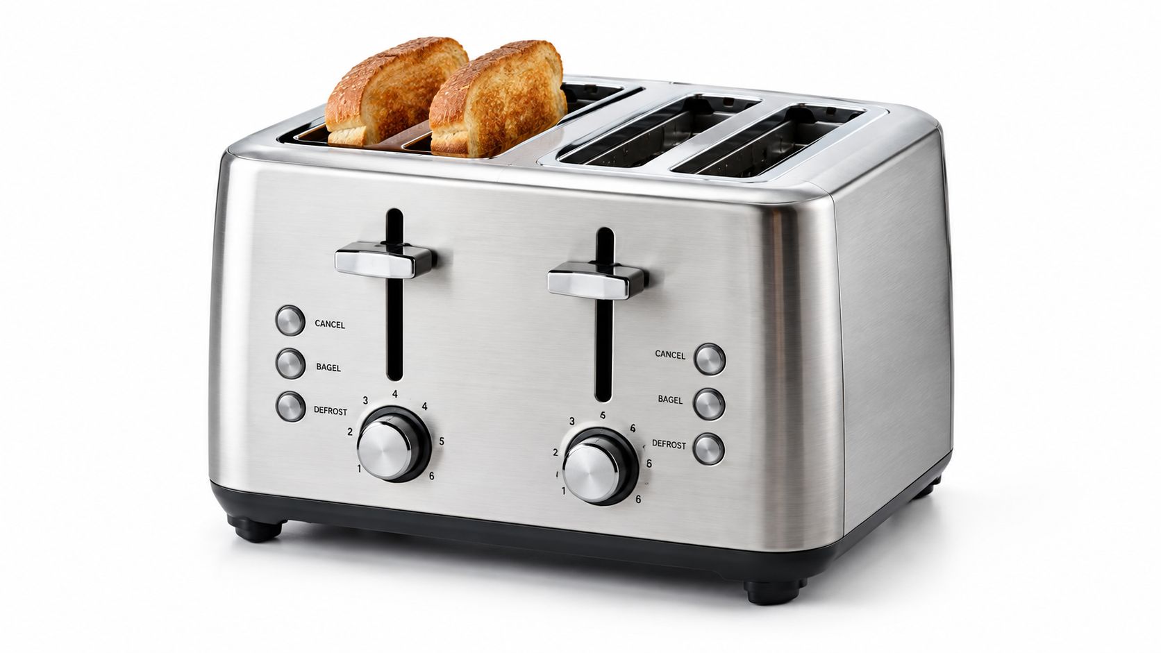 A modern brushed stainless steel four-slice toaster with toasted bread slices in the left slots.