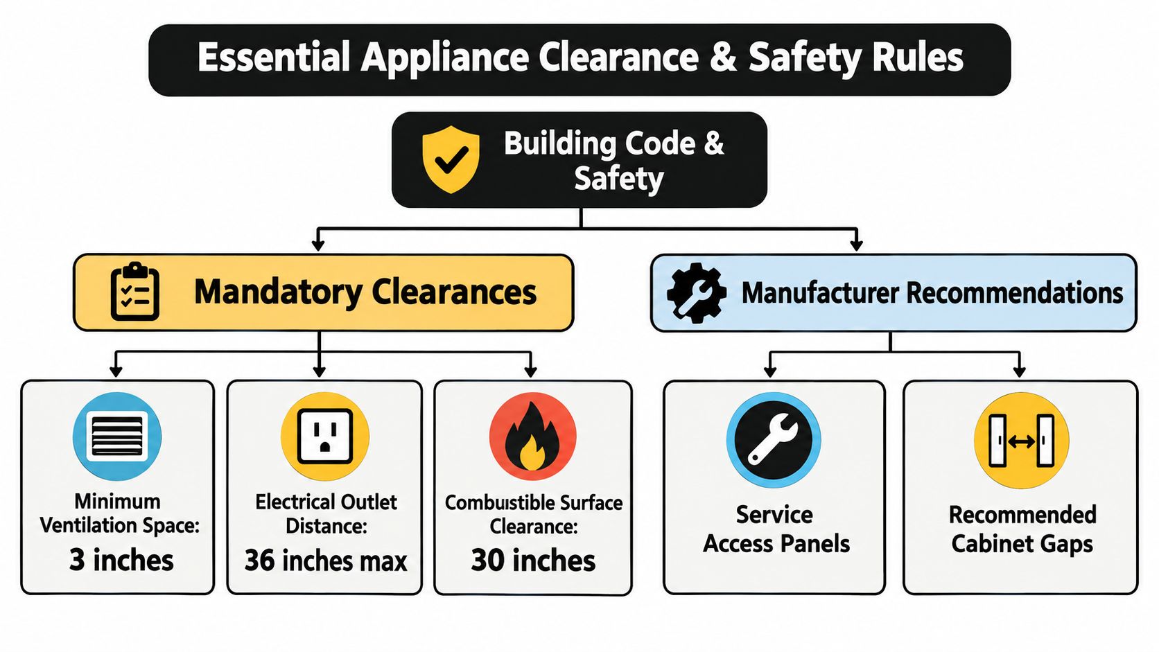 A diagram illustrating essential safety rules for kitchen appliance clearances, including ventilation, electrical, and manufacturer guidelines.