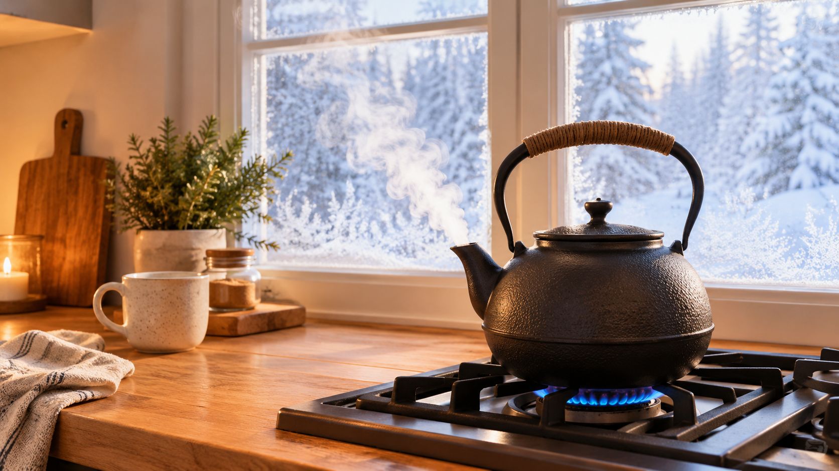 A steaming cast iron kettle boils on a gas stove in a cozy kitchen window setting.