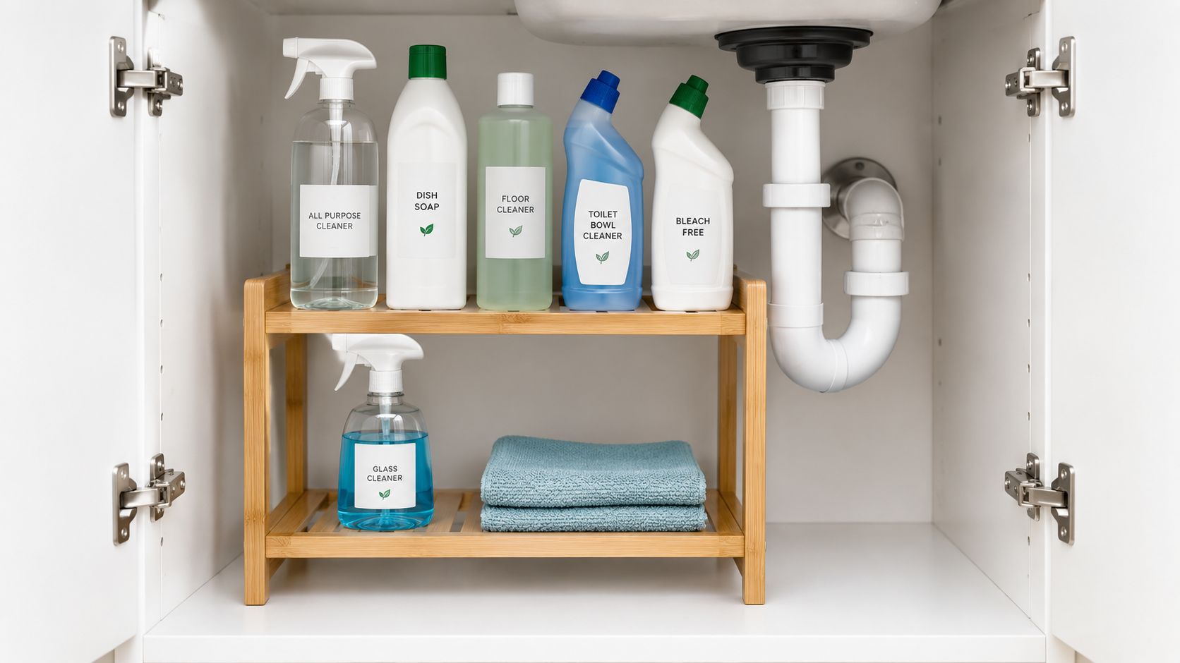 Cleaning supplies in spray bottles and containers neatly organized on a bamboo shelf under a kitchen sink.
