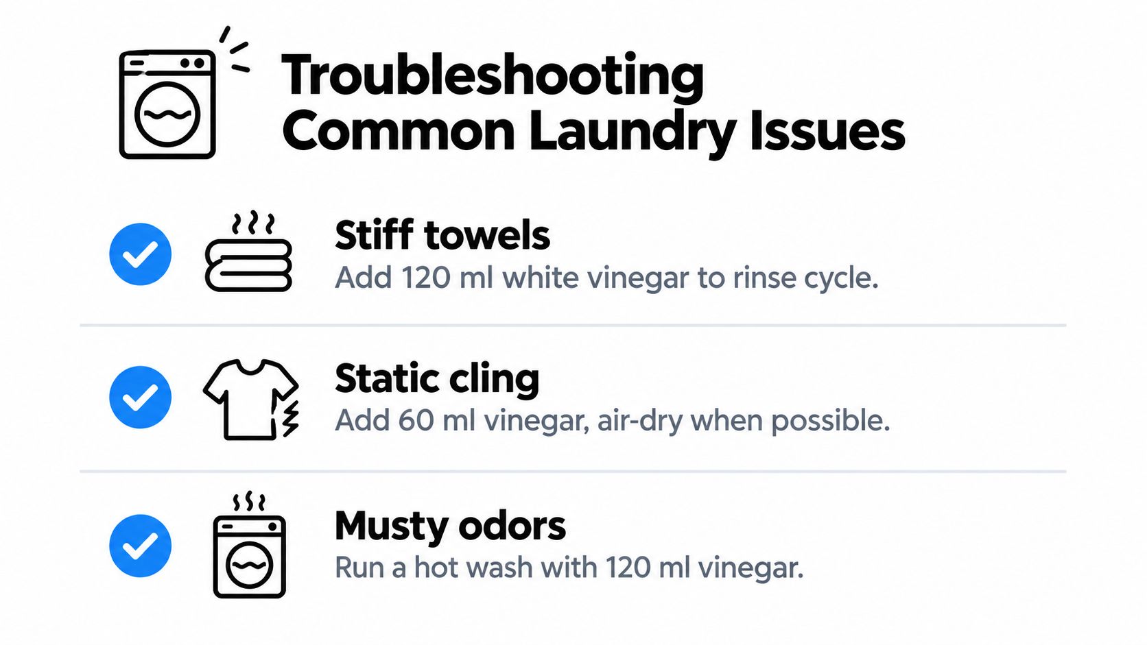 A graphic providing three simple troubleshooting tips for laundry issues using white vinegar as a softener alternative.