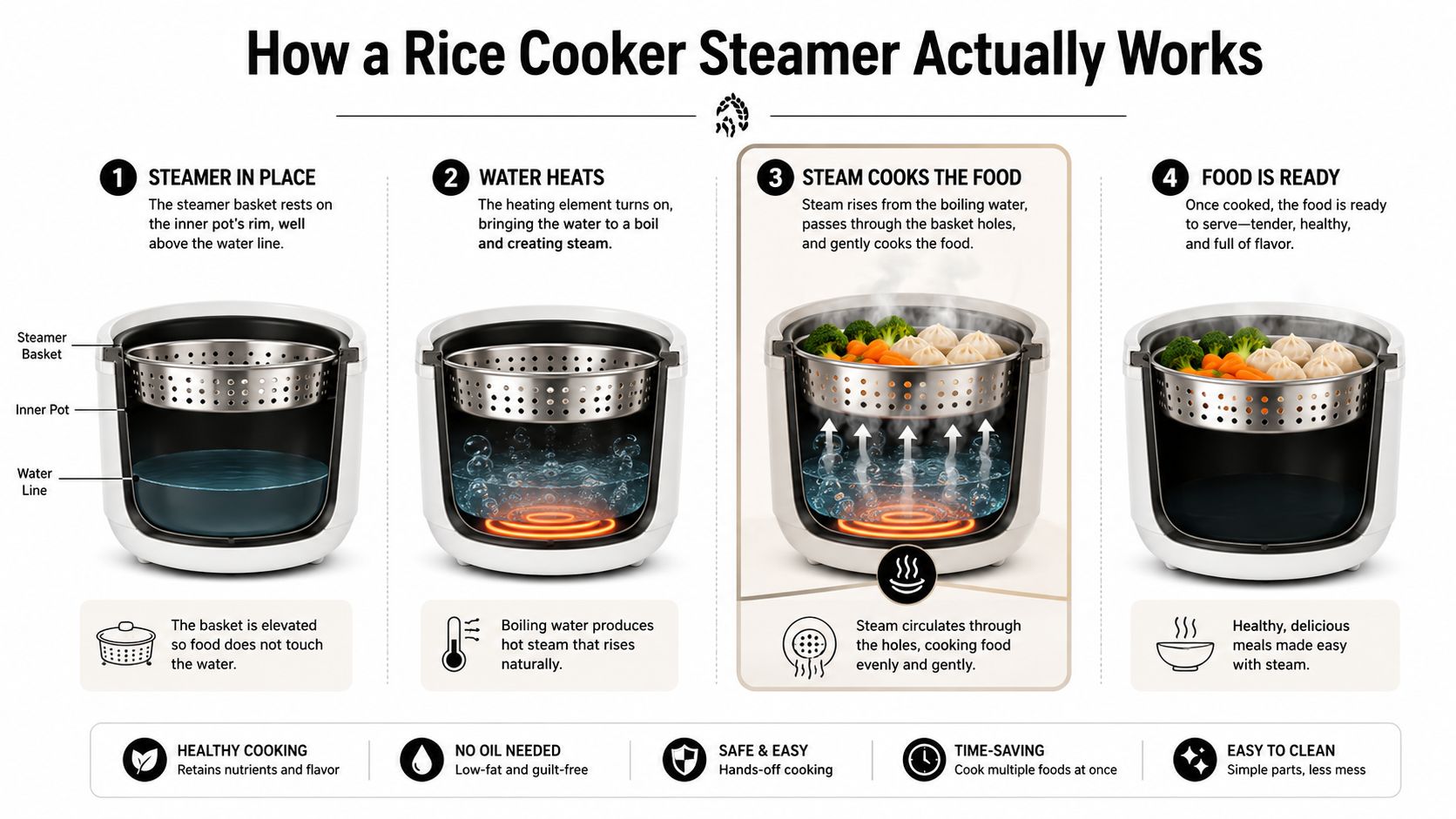 A four-step infographic illustrating how a steamer basket works inside a rice cooker to steam food.