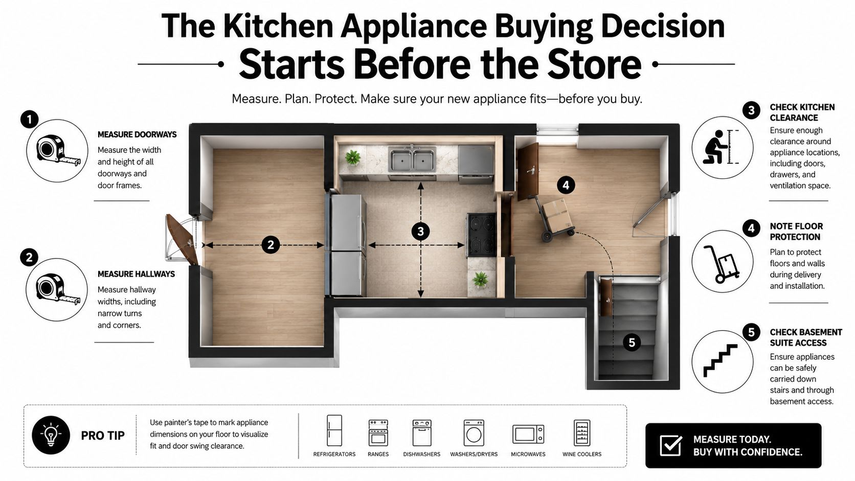 A diagram illustrating five essential steps for measuring spaces before purchasing new kitchen appliances for delivery.