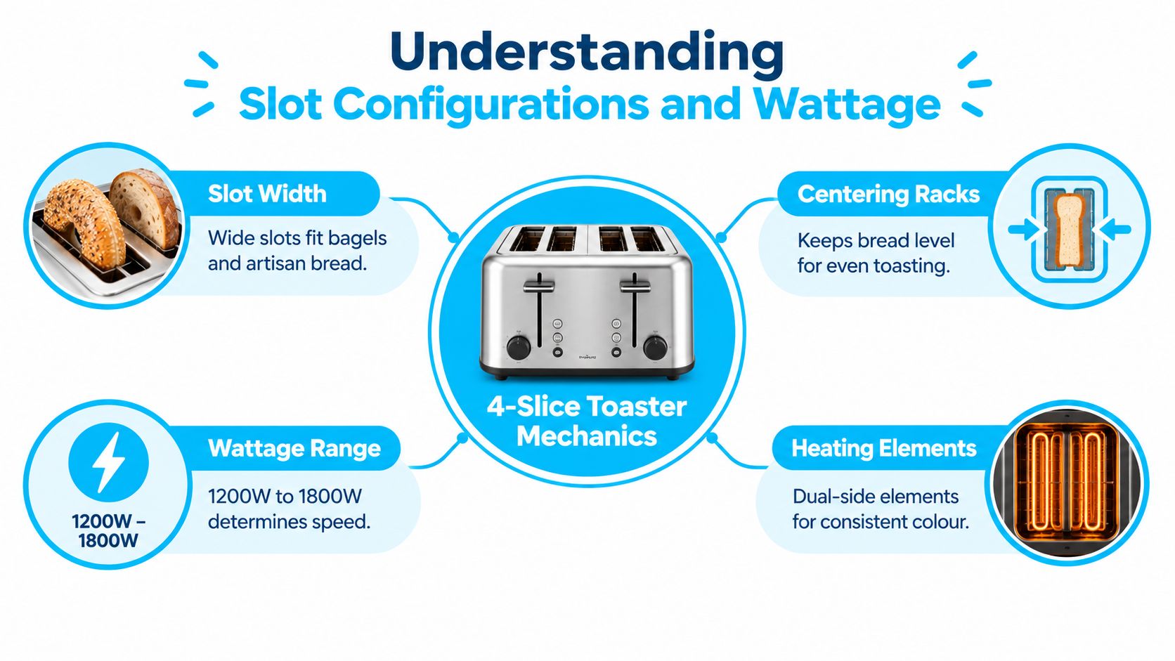 A diagram explaining 4-slice toaster features like slot width, centering racks, wattage range, and heating elements.