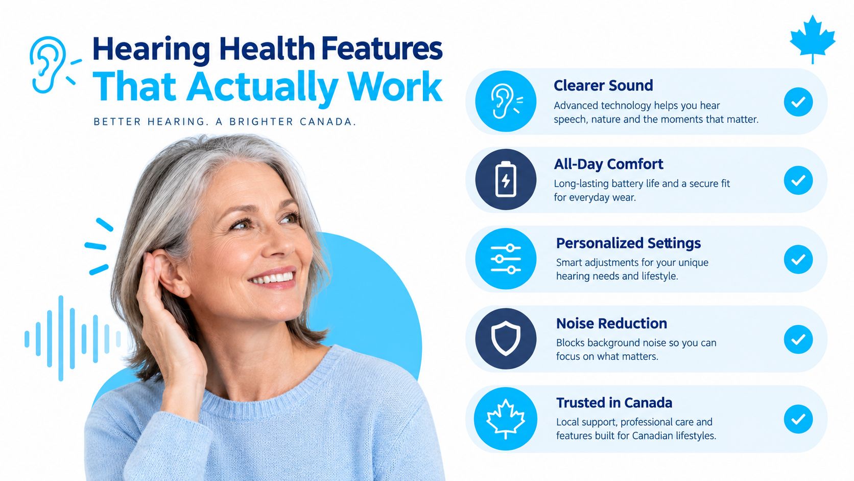 A happy senior woman wearing hearing aids, highlighting features like clear sound, comfort, and noise reduction.