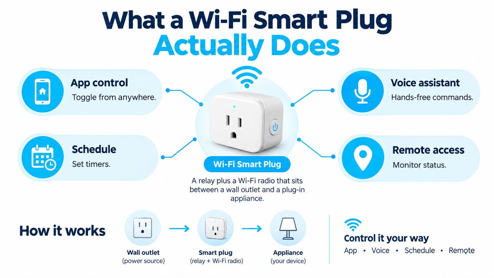 A diagram explaining how a Wi-Fi smart plug works with mobile apps, voice assistants, and scheduling features.