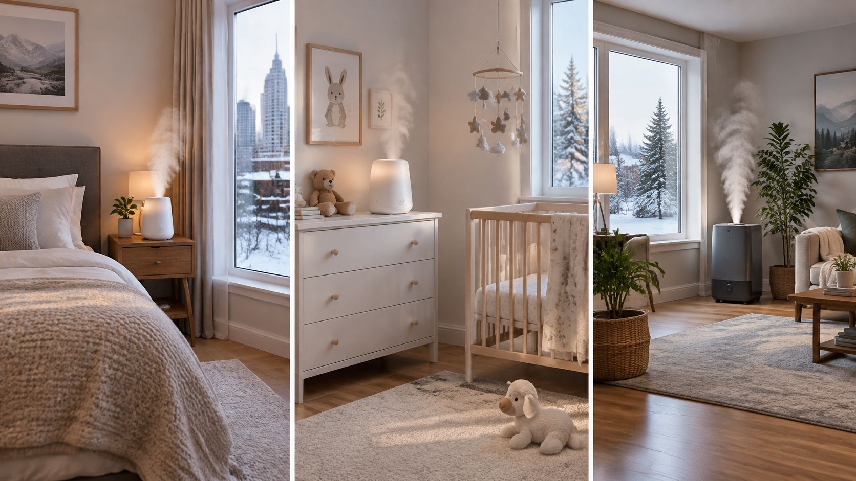 A split image showing three different rooms, each featuring a modern humidifier providing air moisture.