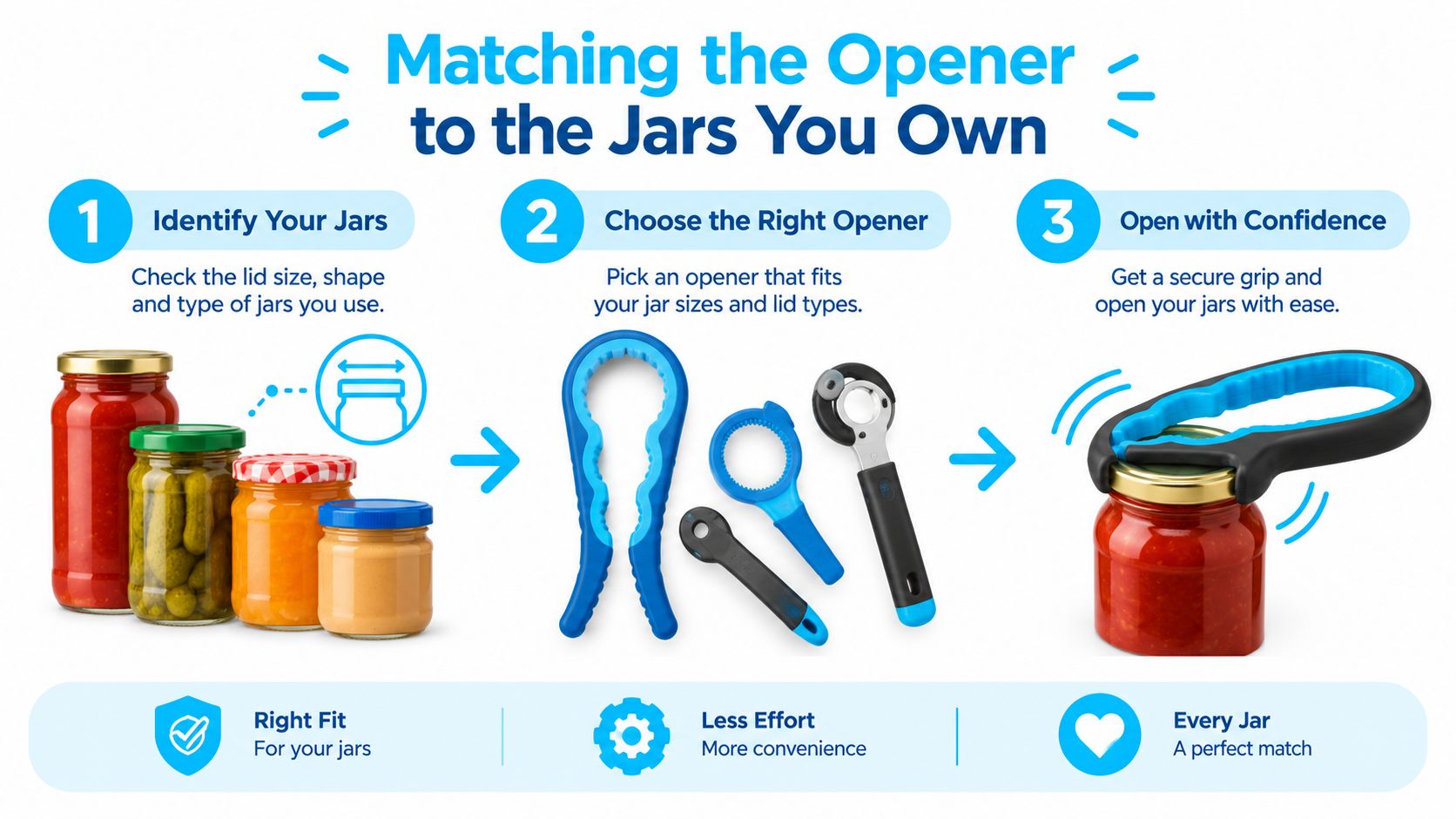 An infographic showing a three-step guide on how to choose and use the right jar opener.