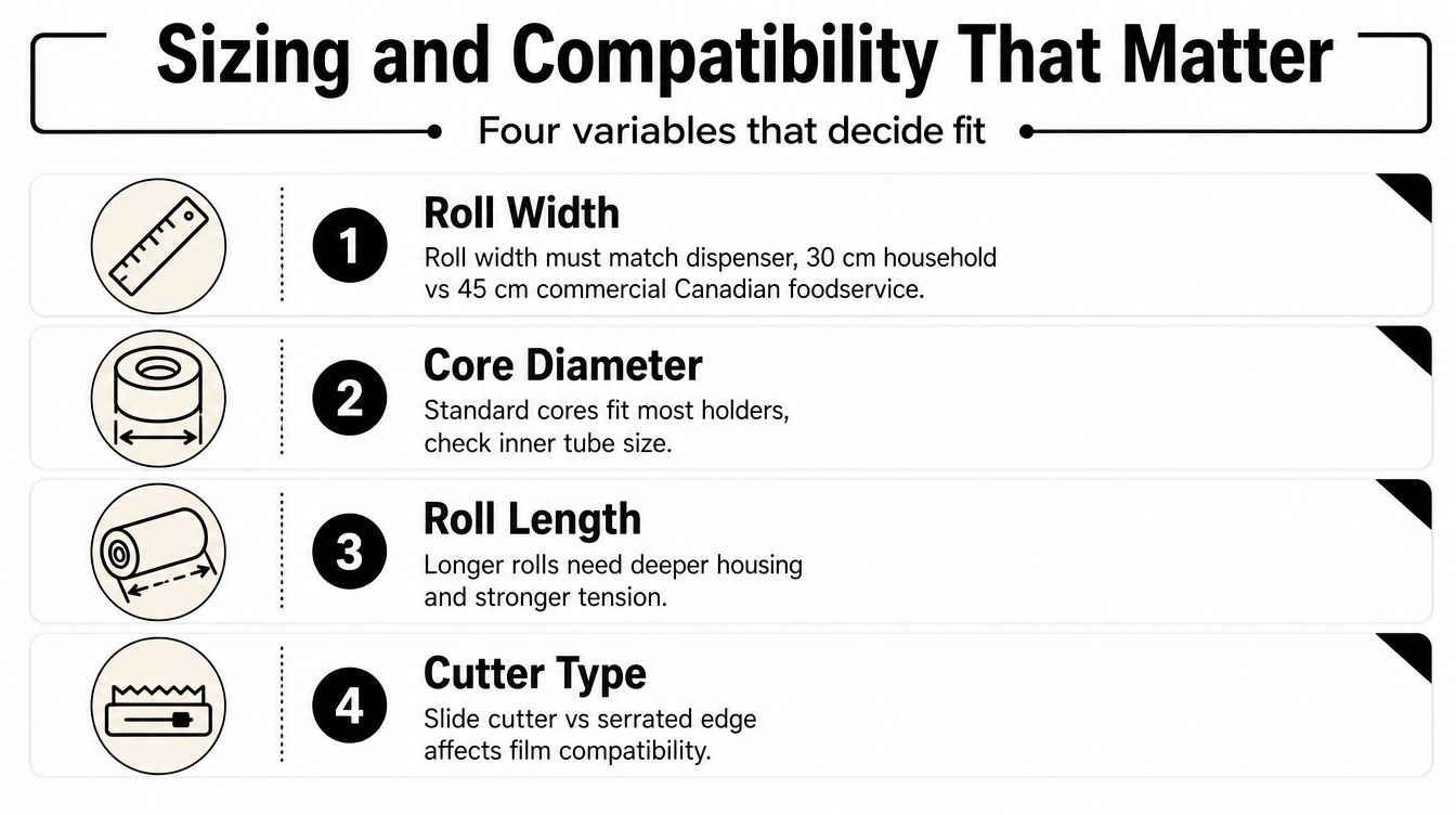 An infographic detailing four key factors for choosing the right plastic wrap dispenser including size and compatibility.