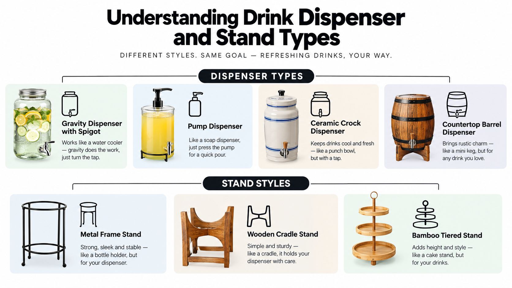 An infographic illustrating various types of drink dispensers and matching stand styles for serving refreshing beverages.