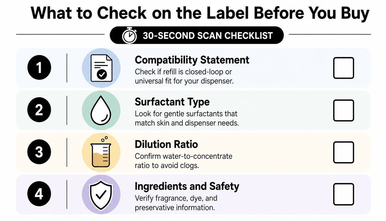 A 30-second checklist showing four key factors to consider when buying soap dispenser refill products.