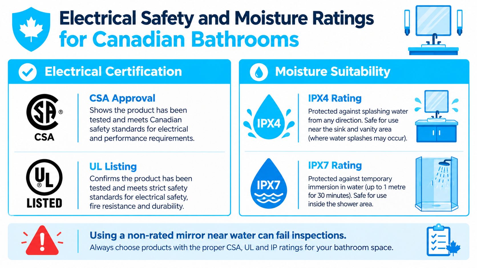 An infographic detailing Canadian bathroom electrical safety and moisture rating standards for lighted bathroom mirrors.