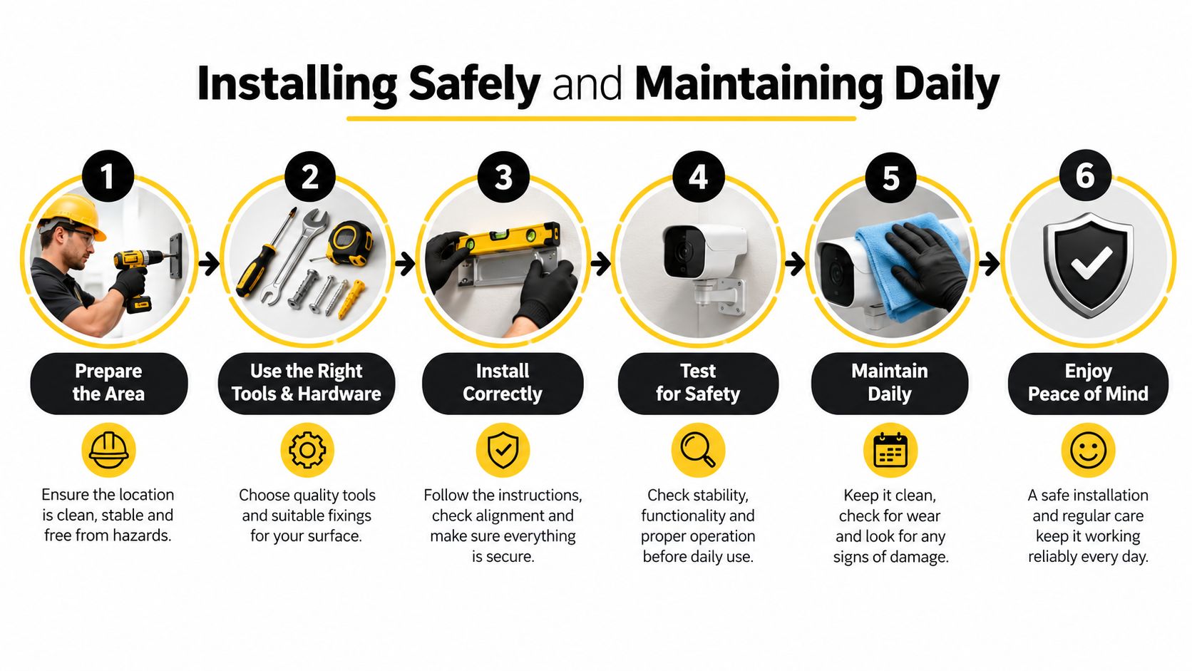A six-step infographic demonstrating the safe installation and daily maintenance of a security camera system.