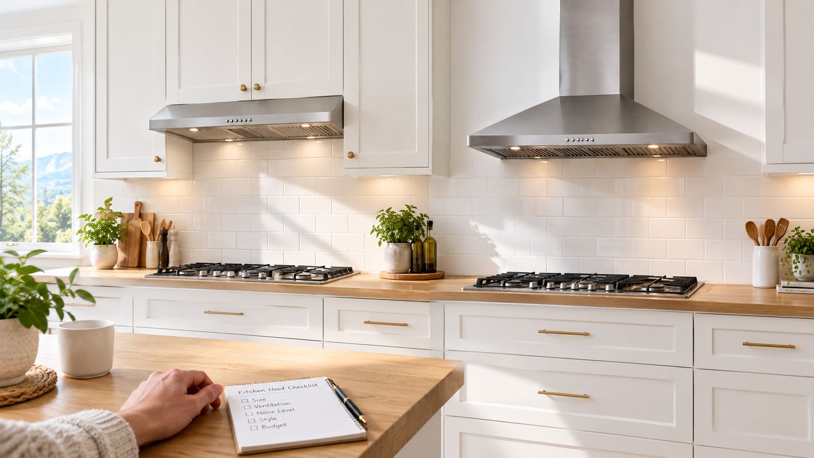 A person writing a kitchen hood checklist on a wooden countertop in a bright, modern kitchen.