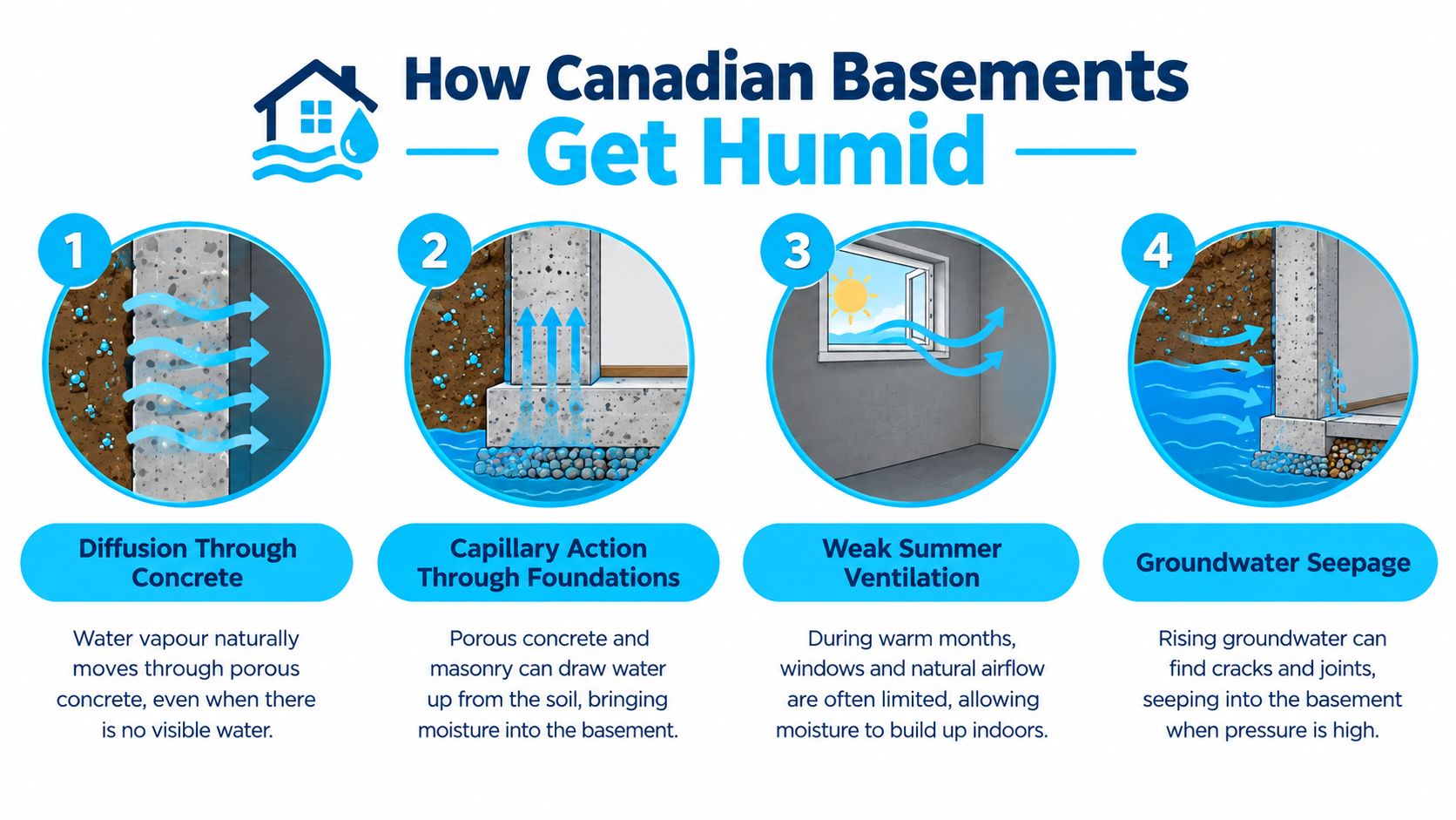 An infographic illustrating four common causes of humidity in Canadian basements, including diffusion, capillary action, ventilation, and seepage.
