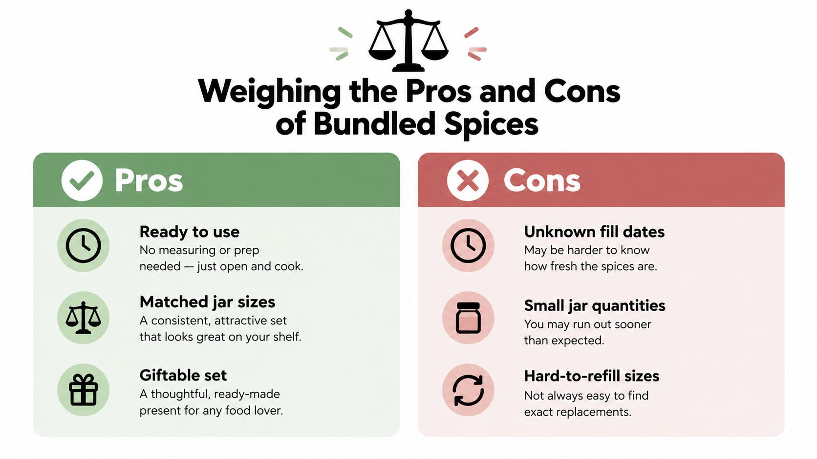 An infographic comparing the advantages and disadvantages of purchasing pre-bundled spice sets for home kitchens.
