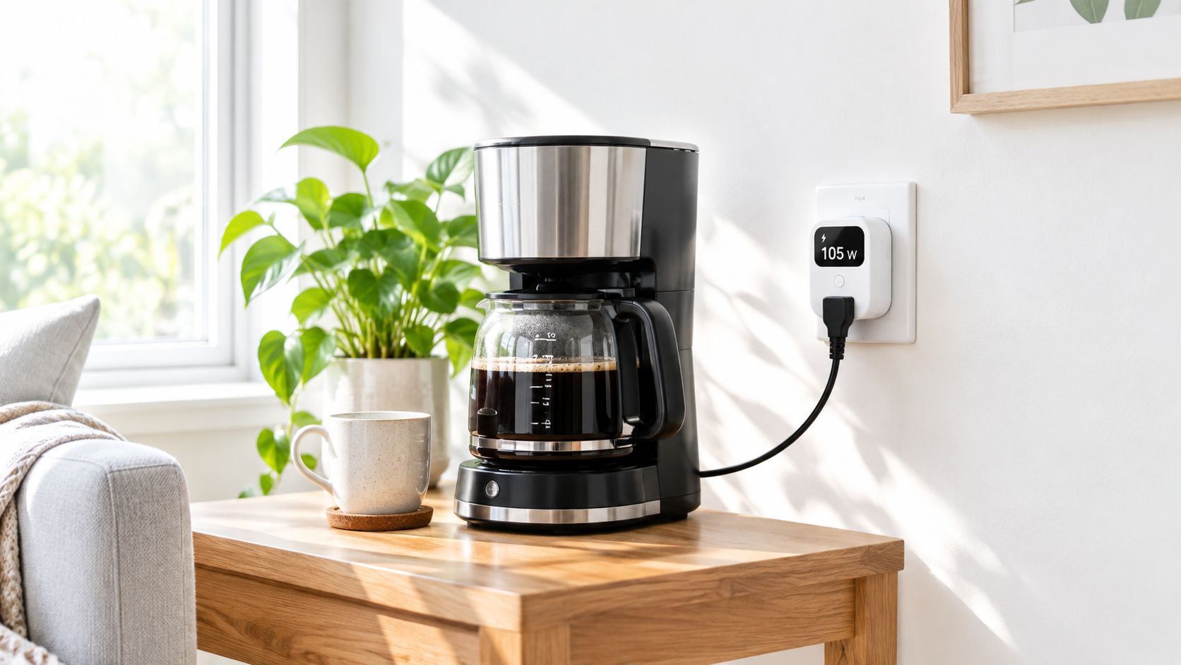 A modern coffee maker plugged into a smart wall outlet displaying real-time power consumption on a wooden table.