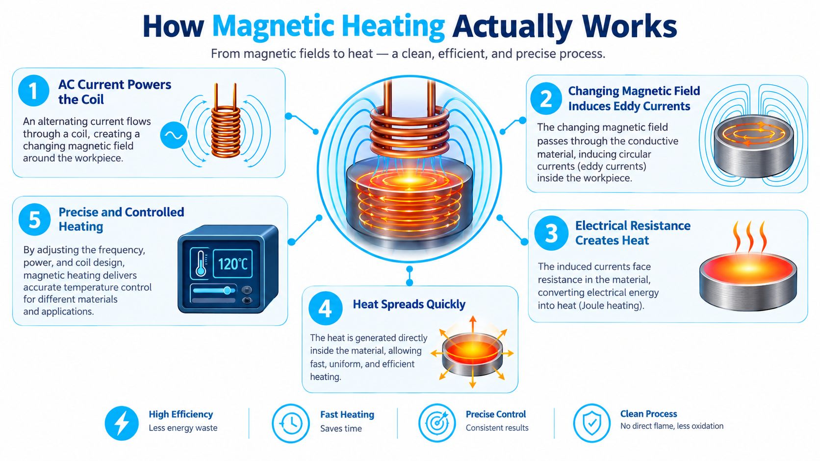 A diagram explaining how magnetic induction heating works through electrical current and magnetic fields in five steps.
