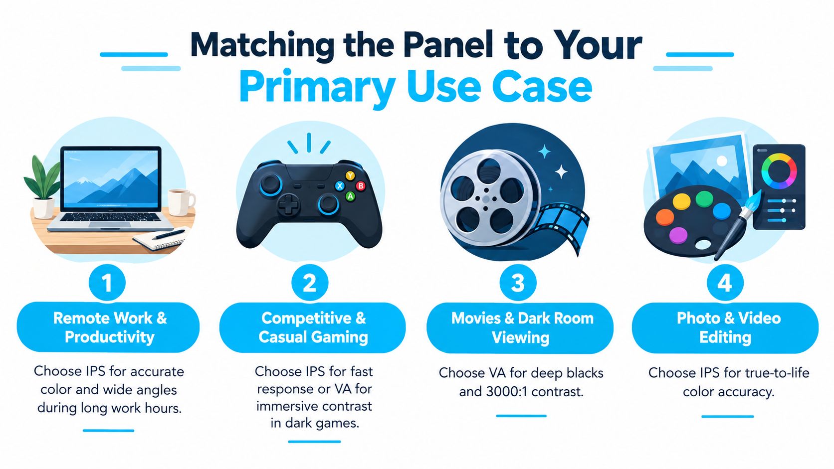 An infographic illustrating how to choose between IPS and VA display panels based on four specific use cases.