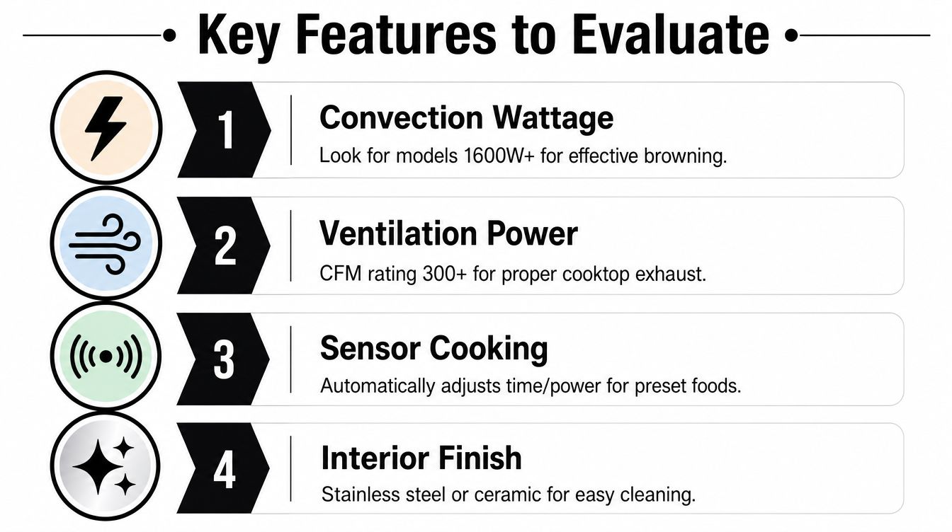 A list of four essential features for choosing an over-the-range microwave oven including convection, ventilation, and sensors.