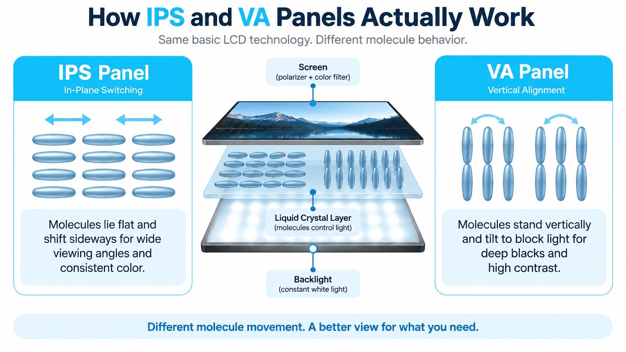 A diagram comparing IPS and VA liquid crystal display technologies showing how different molecule movements affect screen performance.