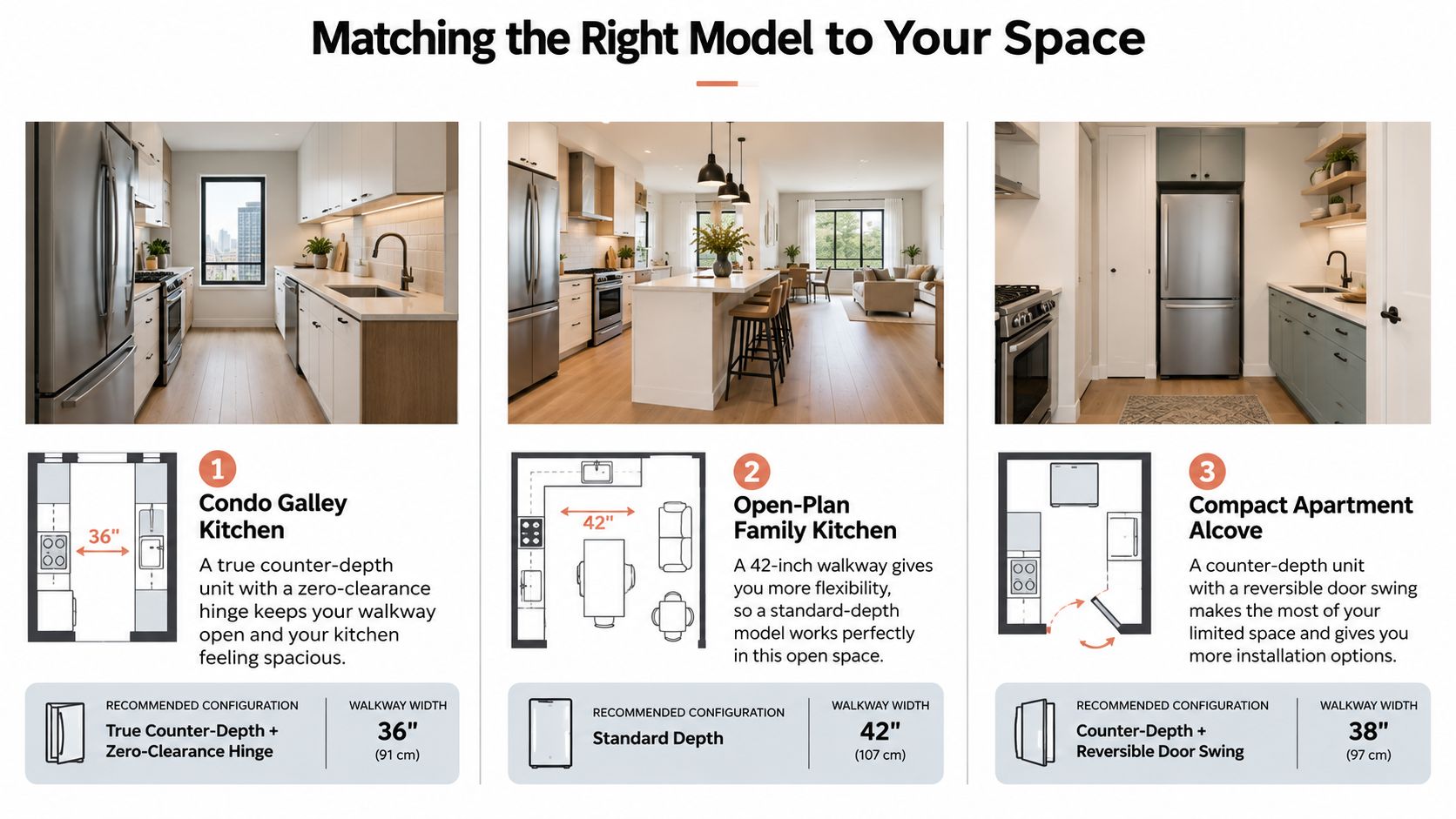An infographic showing three different kitchen layouts and recommendations for selecting the right refrigerator model.