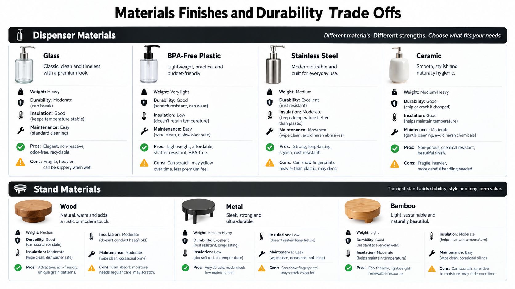A comparison chart outlining materials, finishes, and durability trade-offs for soap dispenser and stand materials.