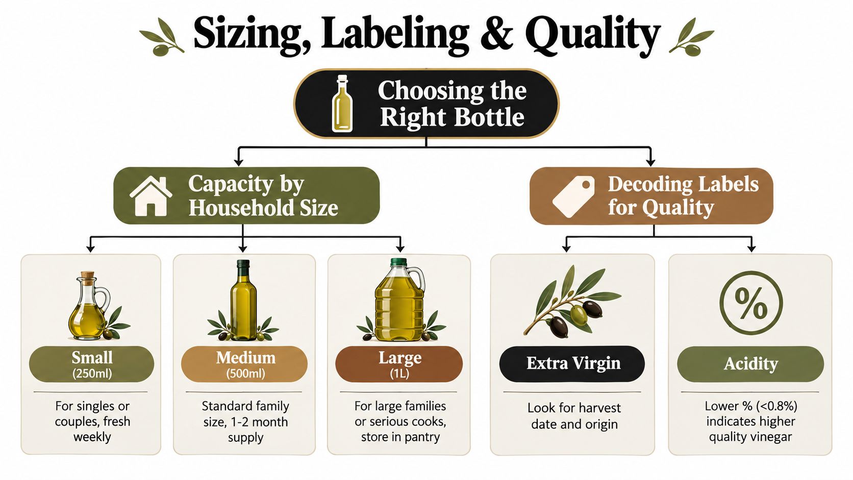 An infographic illustrating guidelines for choosing olive oil bottle sizes and understanding label quality and acidity.