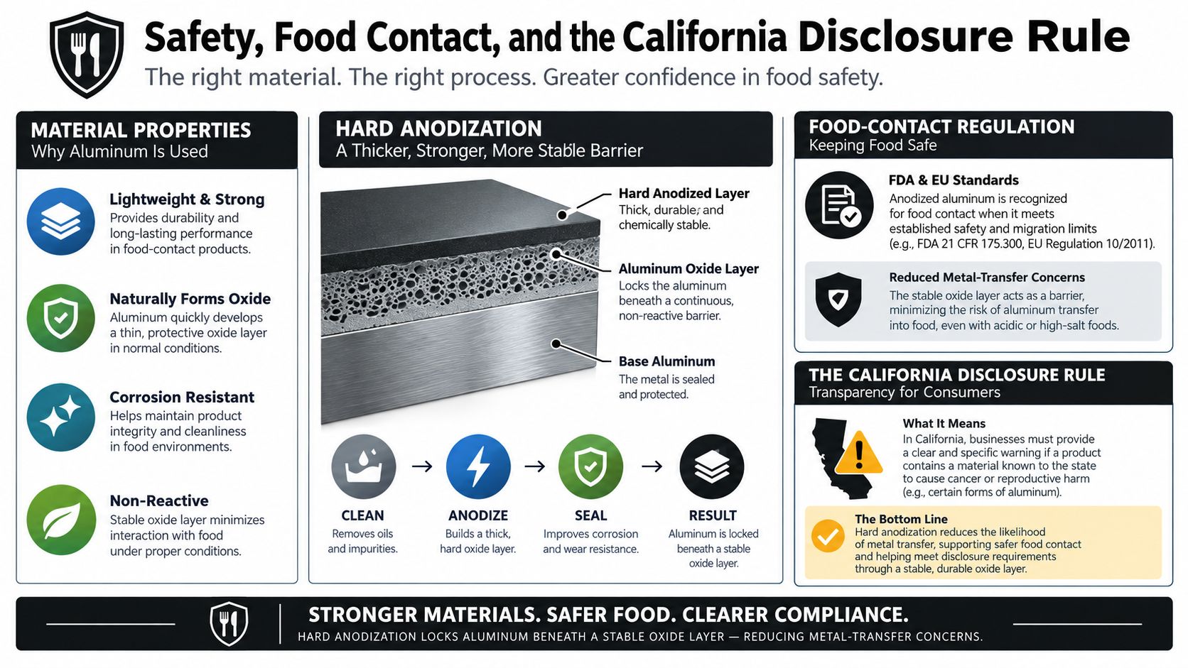An infographic explaining the safety, food contact, and California disclosure rules regarding hard anodized aluminum kitchenware products.