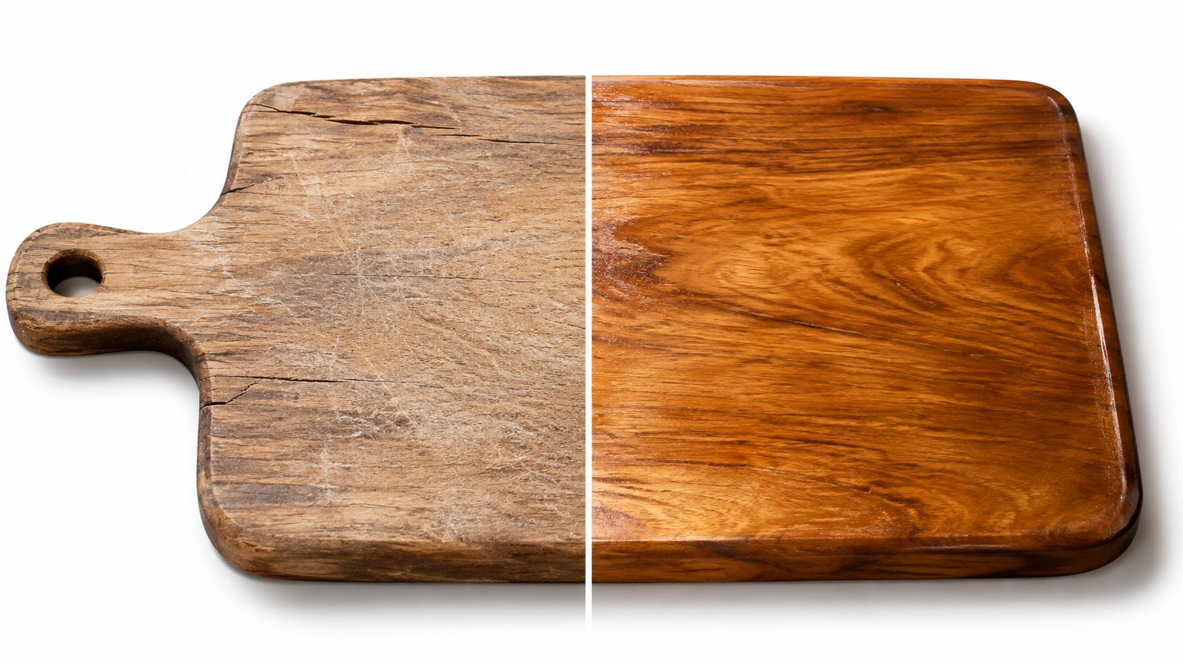 A split-screen comparison showing a worn, dry wooden cutting board next to a restored, oiled board.