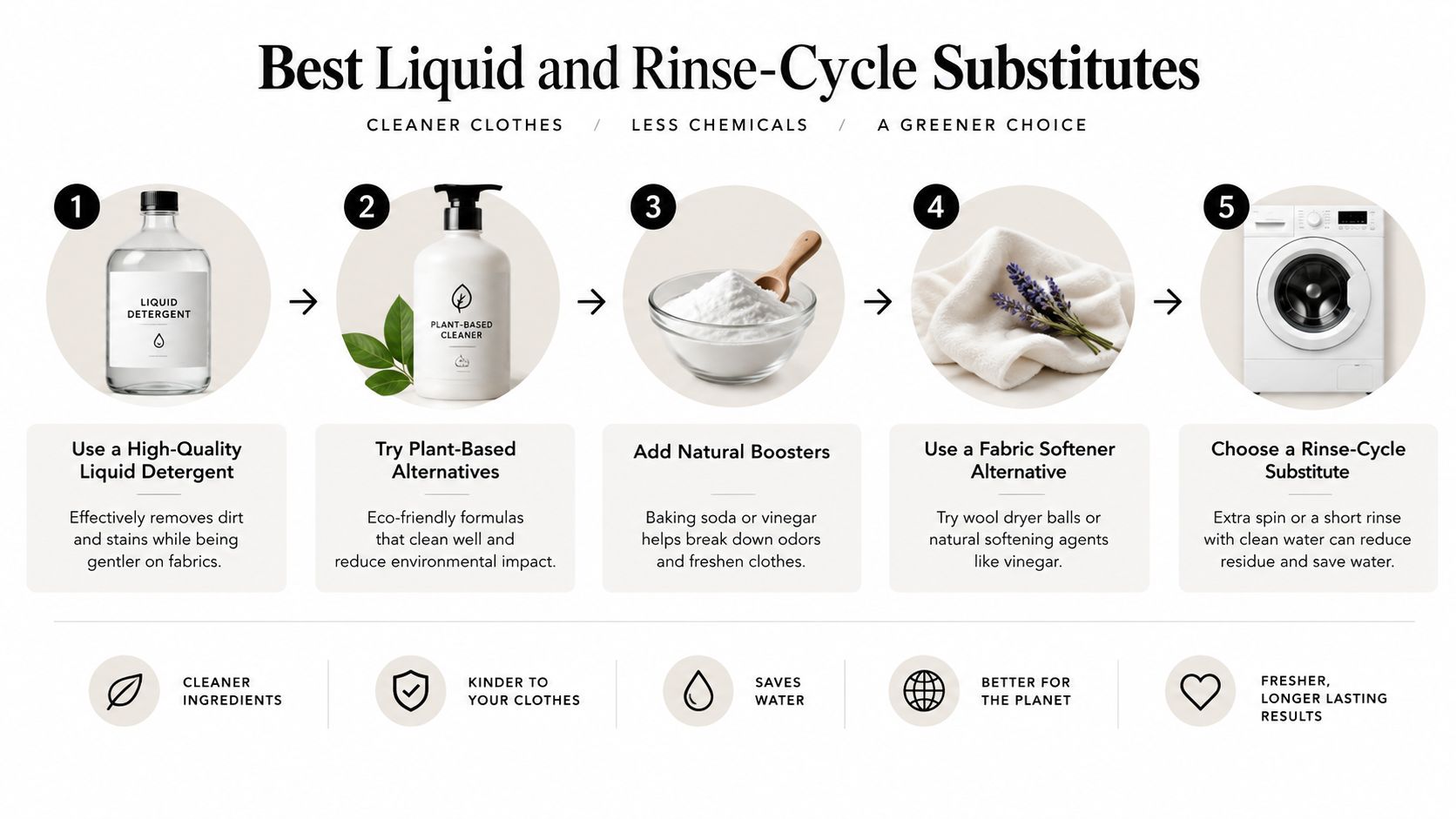 A step-by-step infographic illustrating five tips for sustainable laundry using natural substitutes and eco-friendly cleaning methods.
