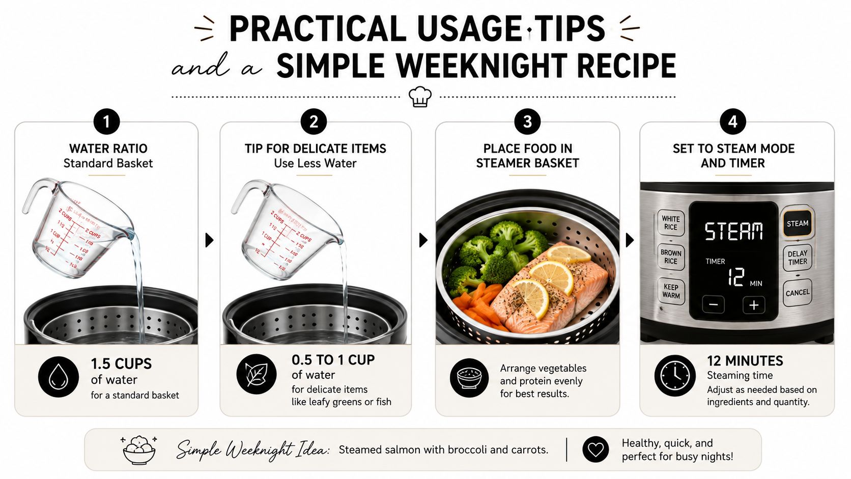 A step-by-step instructional graphic showing how to use a steamer basket in a digital rice cooker.