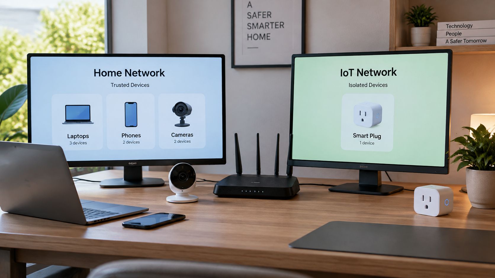 A dual monitor setup displaying a home network versus an isolated IoT network for smart plug devices.