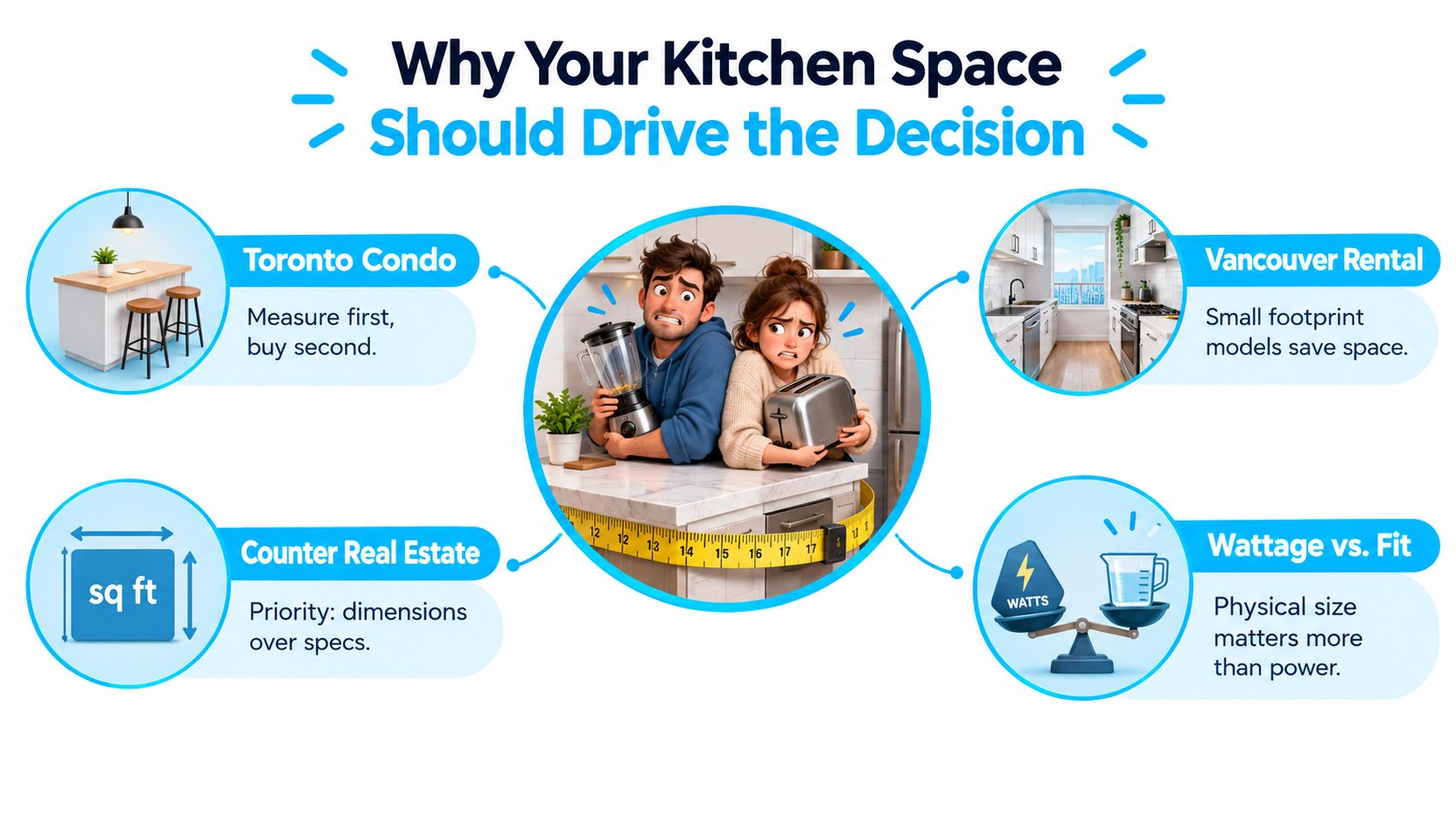 A graphic illustration showing a couple measuring kitchen counter space for appliances in a small condo.