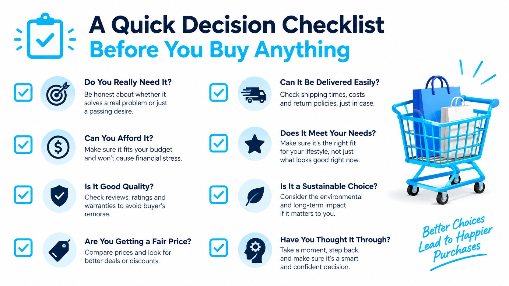 A checklist graphic providing eight helpful questions to consider before making any purchase to ensure better buying decisions.