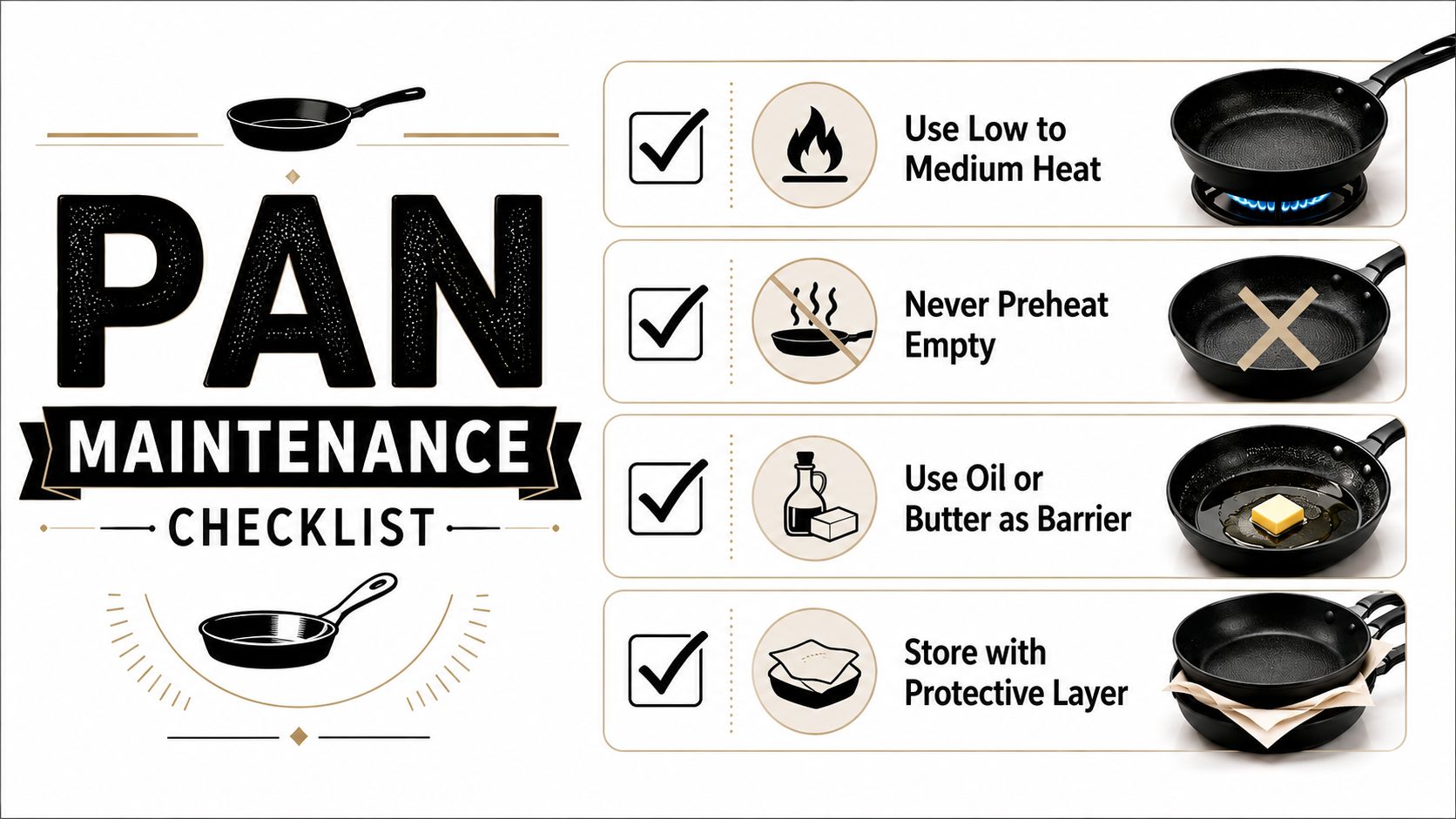A visual guide showing four essential maintenance tips for proper care of non-stick frying pans.