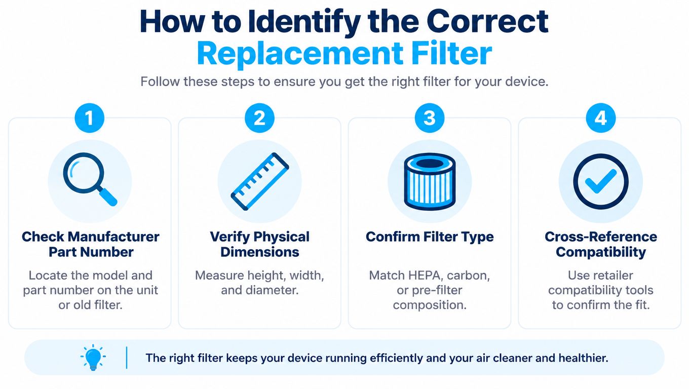 An infographic showing four steps to identify and purchase the correct air purifier replacement filter for your device.
