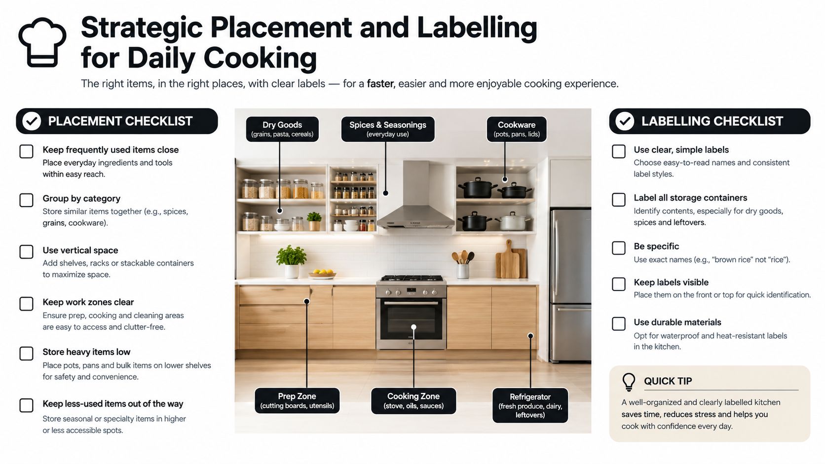 An infographic showing strategic kitchen placement and labelling tips to organize cooking spaces for efficiency.