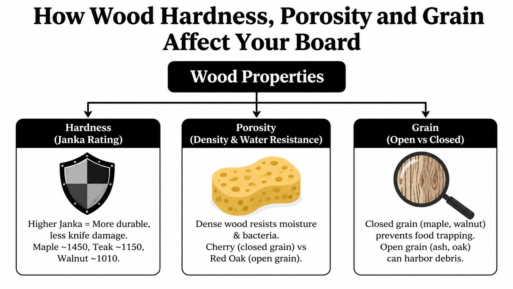 An educational infographic explaining how wood hardness, porosity, and grain structure affect kitchen cutting board performance.
