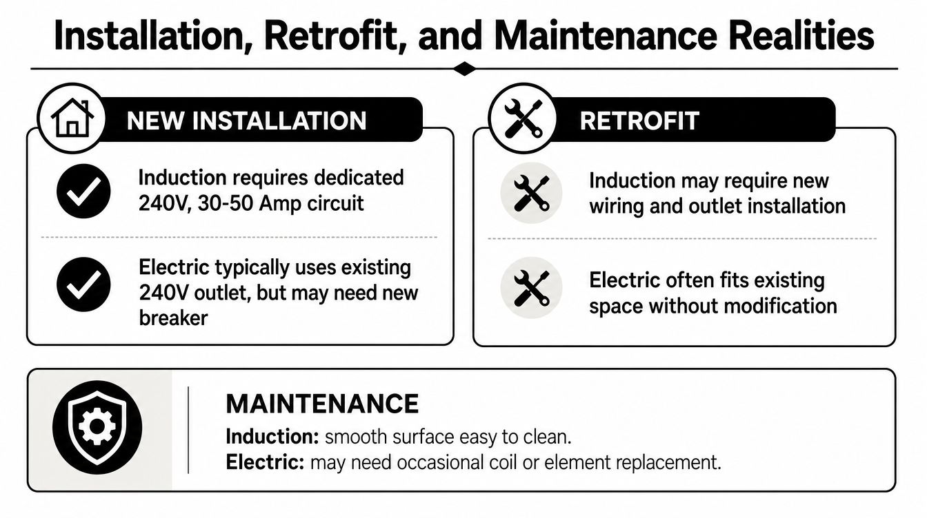 A comparison chart outlining installation, retrofit, and maintenance requirements for induction versus traditional electric stoves.
